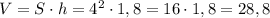 V=S\cdot h=4^2\cdot1,8=16\cdot1,8=28,8