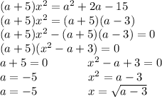 (a+5)x^2=a^2+2a-15\\(a+5)x^2=(a+5)(a-3)\\(a+5)x^2-(a+5)(a-3)=0\\(a+5)(x^2-a+3)=0\\a+5=0\ \ \ \ \ \ \ \ \ \ x^2-a+3=0\\a=-5\ \ \ \ \ \ \ \ \ \ \ \ \ x^2=a-3\\a=-5\ \ \ \ \ \ \ \ \ \ \ \ \ x=\sqrt{a-3}