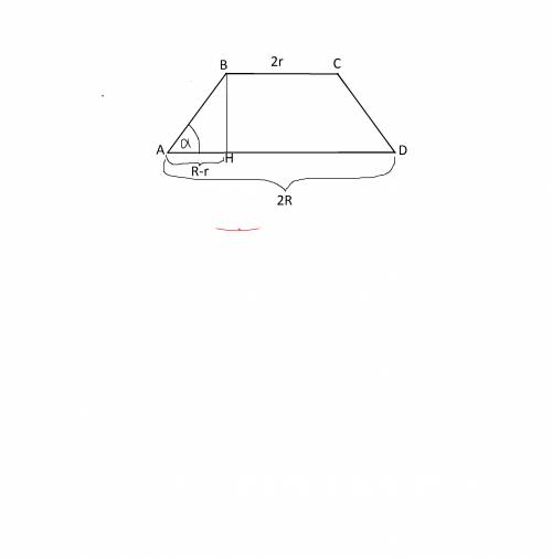 Радиус основания усечённого конуса равно r и r,а образующая наклоненна под углом альфа.найти высоту.