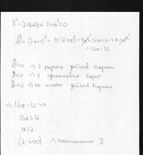 Найдите наименьшее целое значения а, при котором уравнение x^2-2(a+2)x+12+a^2=0 имеет два разных дей