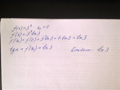 Найти тангенс угланаклона касательной к графику функции f(x)=3^x в точке х0=0