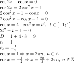 \cos2x-\cos x=0\\ \cos2x=2\cos^2x-1\\ 2\cos^2x-1-\cos x=0\\ 2\cos^2x-\cos x-1=0\\ \cos x=t,\;\;\cos^2x=t^2,\;\;t\in[-1;1]\\ 2t^2-t-1=0\\ D=1+4\cdot8=9\\ t_1=1\\ t_2=-\frac12\\ \cos x=1\Rightarrow x=2\pi n,\;n\in\mathbb{Z}\\ \cos x=-\frac12\Rightarrow x=\frac{2\pi}3+2\pi n,\;n\in\mathbb{Z}