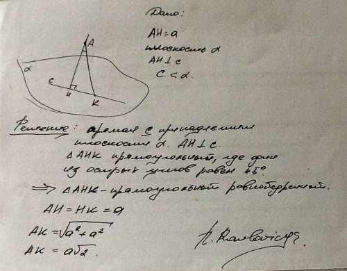 Из некоторой точки проведены к данной плоскости перпендикуляр, равный а, и наклонная; угол между ним