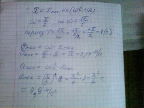 Уравнение движения точки имеет вид х=2sin(пt/2+п/4), где время в секундах, длинна в сантиметрах. най