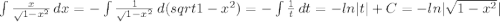 \int{\frac{x}\sqrt{{1-x^{2}}}}\, dx=-\int{\frac{1}\sqrt{{1-x^{2}}}}\, d(sqrt{{1-x^{2}}})=-\int{\frac{1}{t}\, dt=-ln|t|+C=-ln|\sqrt{{1-x^{2}}}|