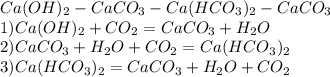 Ca(OH)_2-CaCO_3-Ca(HCO_3)_2-CaCO_3\\1)Ca(OH)_2+CO_2=CaCO_3+H_2O\\2)CaCO_3+H_2O+CO_2=Ca(HCO_3)_2\\3)Ca(HCO_3)_2=CaCO_3+H_2O+CO_2