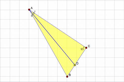 Втреугольнике abc ad — биссектриса, угол c равен 93 градуса ,угол cad равен 6 градусов. найдите угол