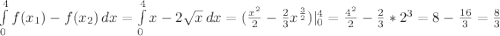 \int\limits^4_0 {f(x_1)-f(x_2)} \, dx =\int\limits^4_0 {x-2\sqrt{x}} \, dx =(\frac{x^2}{2}-\frac23x^{\frac{3}{2}})|_0^4=\frac{4^2}{2}-\frac23*2^3=8-\frac{16}{3}=\frac{8}{3}