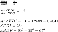 \frac{sin\alpha}{sin\beta}=\frac{n_2}{n_1}\\\\\frac{sin\angle FDI}{sin\angle EDG}=\frac{1.6}{1}\\\\sin\angle FDI=1.6*0.2588=0.4041\\\angle FDI=25^0\\\angle BDF=90^0-25^0=65^0