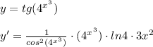 y=tg(4^x^{^3})\\\\y'=\frac{1}{cos^2(4^x^{^3})}\cdot(4^x^{^3})\cdot ln4\cdot3x^2