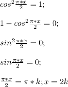 cos^2 \frac{\pi *x}{2}=1;\\\\1-cos^2 \frac{\pi*x}{2}=0;\\\\sin^2 \frac{\pi*x}{2}=0;\\\\sin \frac{\pi*x}{2}=0;\\\\ \frac{\pi*x}{2}=\pi*k; x=2k