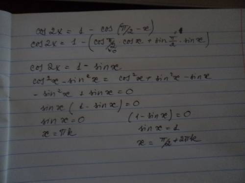 Решите уровнение: сos 2x = 1 – cos ( п – x) 2