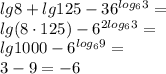 lg8 + lg125 - 36 ^{log_{6}3} = \\ lg(8 \cdot 125) - 6 ^{2log_{6}3} = \\ lg1000 - 6 ^{log_{6}9} = \\ 3 - 9 = -6