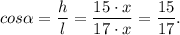 \displaystyle cos \alpha =\dfrac{h}{l} =\dfrac{15 \cdot x}{17 \cdot x}= \dfrac{15}{17}.