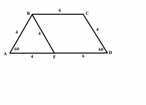 Вравнобедренной трапеции отрезок bf параллелен стороне cd, углы прилежащие к стороне ad равны 60 гра