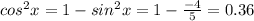 cos^{2}x =1- sin^{2} x = 1-\frac{-4}{5} = 0.36