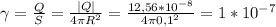 \gamma=\frac{Q}{S}=\frac{|Q|}{4\pi R^2}=\frac{12,56*10^{-8}}{4\pi 0,1^2}=1*10^{-7}