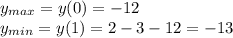 y_{max}=y(0)=-12\\y_{min}=y(1)=2-3-12=-13