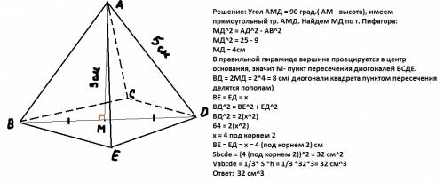 Вправильной четырехугольной пирамиде высота 3 см, боковое ребро 5 см. найти объем пирамиды