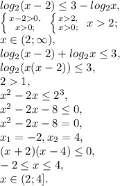 log_2(x-2)\leq3-log_2x, \\ \left \{ {{x-20,} \atop {x0;}} \right. \ \left \{ {{x2,} \atop {x0;}} \right. \ x2; \\ x\in(2;\+\infty), \\ log_2(x-2)+log_2x\leq3, \\ log_2(x(x-2))\leq3, \\ 21, \\ x^2-2x\leq2^3, \\ x^2-2x-8\leq0, \\ x^2-2x-8=0, \\ x_1=-2, x_2=4, \\ (x+2)(x-4)\leq0, \\ -2\leq x\leq4, \\ x\in(2;4].