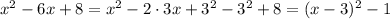 x^2-6x+8=x^2-2\cdot3x+3^2-3^2+8=(x-3)^2-1