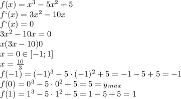 f(x)=x^3-5x^2+5 \\\ f`(x)=3x^2-10x \\\ f`(x)=0 \\\ 3x^2-10x=0 \\\ x(3x-10)0 \\\ x=0\in[-1;1] \\\ x=\frac{10}{3} \\\ f(-1)=(-1)^3-5\cdot(-1)^2+5=-1-5+5=-1 \\\ f(0)=0^3-5\cdot0^2+5=5=y_m_a_x \\\ f(1)=1^3-5\cdot1^2+5=1-5+5=1