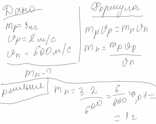 Пуля вылетает из ружья со скоростью 600м/с.ружье приобретает при отдаче скорость 2м/с.какова масса п