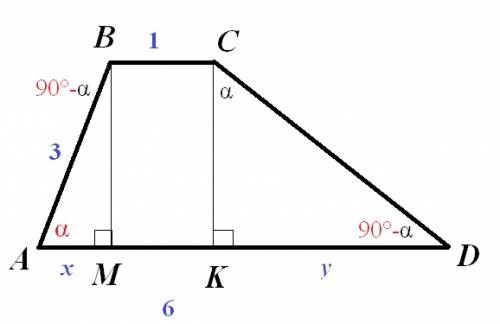 Найти высоту трапеции, если длины ее оснований равны 6 и 1, длина одной из ее боковых сторон равна 3