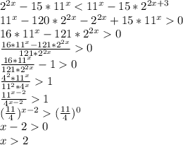 2^{2x}-15*11^{x}<11^{x}-15*2^{2x+3} \\\ 11^{x}-120*2^{2x}-2^{2x}+15*11^{x} 0 \\\ 16*11^{x}-121*2^{2x}0 \\\ \frac{16*11^{x}-121*2^{2x}}{121*2^{2x}}0 \\\ \frac{16*11^{x}}{121*2^{2x}}-10 \\\ \frac{4^2*11^{x}}{11^2*4^{x}}1 \\\ \frac{11^{x-2}}{4^{x-2}}1 \\\ (\frac{11}{4})^{x-2}(\frac{11}{4})^0 \\\ x-20 \\\ x2