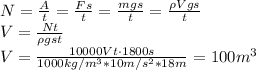 N=\frac{A}{t}=\frac{Fs}{t}=\frac{mgs}{t}=\frac{\rho Vgs}{t} \\\ V=\frac{Nt}{\rho gst} \\\ V=\frac{10000Vt\cdot1800s}{1000kg/m^3*10m/s^2*18m}=100m^3