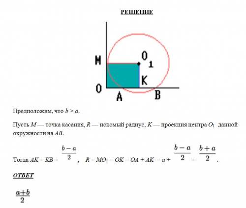 На одной стороне прямого угла с вершиной о взяты точки а и в так, что ао=а, ов=b. найдите радиус окр