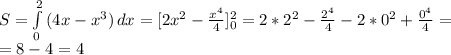 S=\int\limits^2_0 {(4x-x^3)} \, dx=[2x^2-\frac{x^4}{4}]^2_0=2*2^2-\frac{2^4}{4}-2*0^2+\frac{0^4}{4}=\\\ =8-4=4