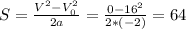 S=\frac{V^2-V_0^2}{2a}=\frac{0-16^2}{2*(-2)}=64