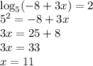 \\\log_5 (-8+3x) = 2\\ 5^2=-8+3x\\ 3x=25+8\\ 3x=33\\ x=11