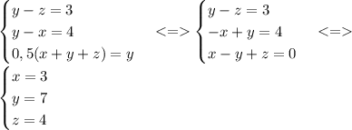 \begin{cases} y-z=3 \\y-x=4 \\ 0,5(x+y+z)=y \end{cases} <=\begin{cases} y-z=3 \\-x+y=4 \\ x-y+z=0 \end{cases} <=\\&#10;\begin{cases} x=3 \\ y=7 \\ z=4 \end{cases}