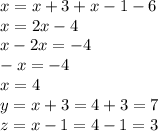 x = x + 3 + x - 1 - 6 \\&#10;x = 2x - 4 \\&#10;x - 2x = -4 \\&#10;-x = -4 \\&#10;x = 4 \\&#10;y = x + 3 = 4 + 3 = 7 \\&#10;z = x-1 = 4 - 1 = 3