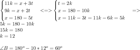 \begin{cases} 11k=x+3t \\9k=x+2t \\ x=180-5t \end{cases} <= \begin{cases} t=2k \\ x=180-10k \\ x=11k-3t=11k-6k=5k \end{cases} = \\ 5k=180-10k\\ 15k=180\\ k=12\\\\&#10;\angle B=180^o-10*12^o=60^o