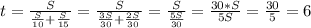 t=\frac{S}{\frac{S}{10}+\frac{S}{15}}=\frac{S}{\frac{3S}{30}+\frac{2S}{30}}=\frac{S}{\frac{5S}{30}}=\frac{30*S}{5S}=\frac{30}{5}=6