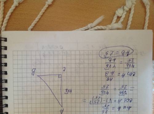 Втреугольнике авс угол с равен 90, синус угла а равен 23/25, ас равен 4 корень из 6 найти ав
