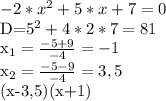 -2*x^{2} + 5*x +7 =0&#10;&#10;D=5^{2}+4*2*7= 81&#10;&#10;x_{1} = \frac{-5+9}{-4} = -1&#10;&#10;x_{2} = \frac{-5-9}{-4} = 3,5&#10;&#10;(x-3,5)(x+1)