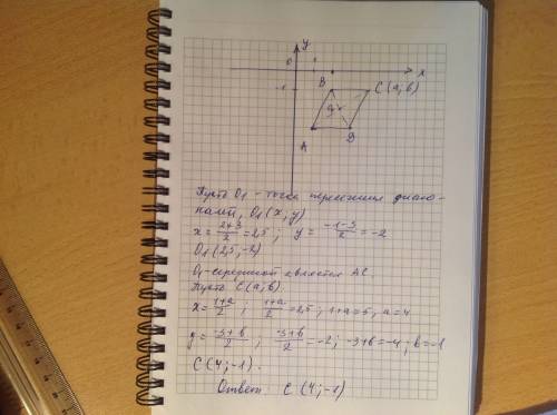 Даны три вершины параллелограмма abcd: а(1; -3) b(2; -1) d(3; -3) найдите координаты вершины с