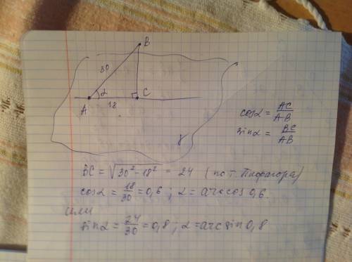 Длина наклонной к плоскости равна 30, а её проекция на плоскость равна 18. найти угол между наклонно