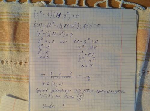 Укажите кол-во целый решений неравенства (3^x-1)*(81-3^x)›0