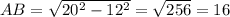 AB=\sqrt{20^2-12^2}=\sqrt{256}=16