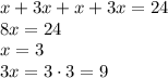 &#10;x+3x+x+3x=24&#10;\\\&#10;8x=24&#10;\\\&#10;x=3&#10;\\\&#10;3x=3\cdot3=9