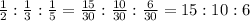 \frac{1}{2}:\frac{1}{3}:\frac{1}{5}=\frac{15}{30}:\frac{10}{30}:\frac{6}{30}=15:10:6