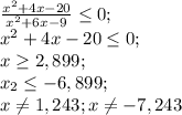 \frac{x^2+4x-20}{x^2+6x-9} \leq 0;\\&#10;x^2+4x-20 \leq 0;\\&#10;x \geq 2,899;\\&#10;x_2 \leq -6,899;\\&#10;x \neq 1,243;&#10;x \neq -7,243