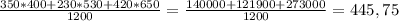 \frac{350*400+230*530+420*650}{1200} = \frac{140000+121900+273000}{1200} =445,75