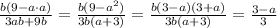 \frac{b(9-a\cdot a)}{3ab+9b}=\frac{b(9-a^2)}{3b(a+3)}=\frac{b(3-a)(3+a)}{3b(a+3)}=\frac{3-a}{3}