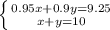 \left \{ {{0.95x+0.9y=9.25 \atop {x+y=10}} \right.